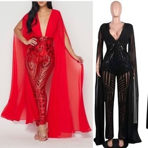 Sequin Jumpsuit with Split Dramatic Sleeves